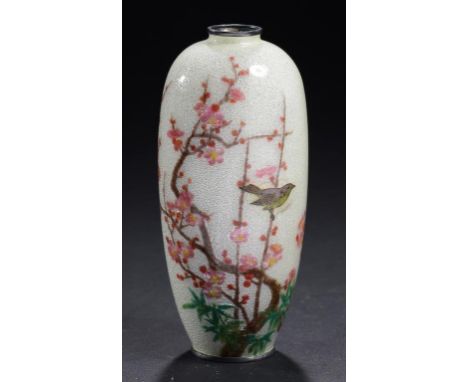 A JAPANESE GIN BARI GROUND CLOISONNÉ ENAMEL VASE, EARLY 20TH C  with a bird in a cherry tree, 12cm h, signed Kawaguchi-zo  ++