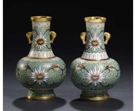 A PAIR OF CHINESE CLOISONNÉ ENAMEL TURQUOISE GROUND MINIATURE VASES, 20TH C  10cm h ++Fine quality and condition