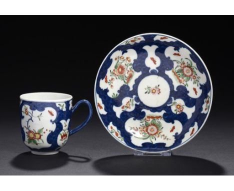 A WORCESTER SCALE BLUE GROUND KAKIEMON COFFEE CUP AND SAUCER, C1775  saucer 13cm diam, fretted square ++Glazed scratches and 