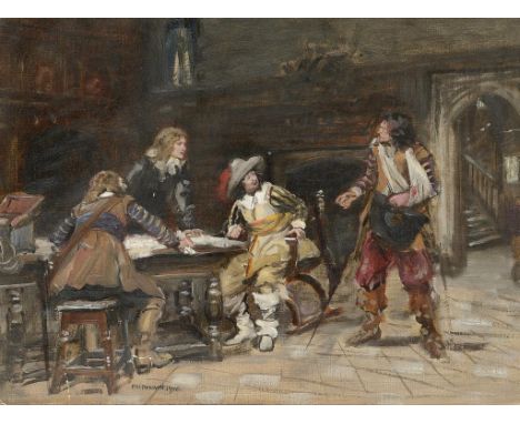 †FRANK MOSS BENNETT (1874-1953) URGENT NEWS  signed and dated 1926, oil sketch on canvas, 34 x 45cm ++Unstretched in modern f
