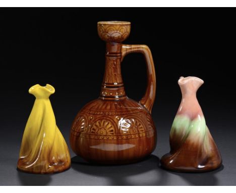 A WILLIAM AULT MAJOLICA JUG AND TWO 'PROPELLER' VASES, ALL DESIGNED BY DR CHRISTOPHER DRESSER, C1880  jug 22.5cm h, moulded a