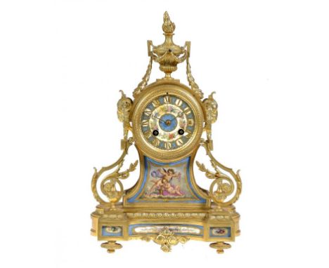 A FRENCH ORMOLU MANTLE CLOCK IN LOUIS XV STYLE, C1880  the case inset with Sèvres style panels painted with putti and trophie