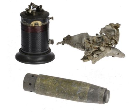 WORLD WAR II.  A COLLECTION OF WARTIME OBJECTS  including two British army helmets, webbing, bags, cap badges wreckage and sh