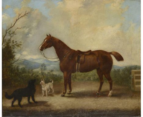 WILLIAM ROOS (1808-1878) PORTRAIT OF A HORSE AND TWO DOGS IN A HILLY LANDSCAPE  signed and dated  W ROOS pinxit 1857 (in red)