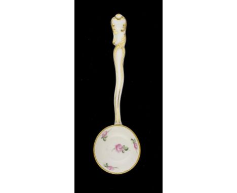 A DERBY ROCOCO CREAM LADLE, C1790  painted with scattered roses, 18.5cm l  ++In fine condition, no restoration, seldom found 