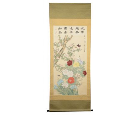 CHINESE SCHOOL PEONIES  watercolour on silk, with inscription and red seals, scroll painting,  c204 x 77cm ++In fine conditio