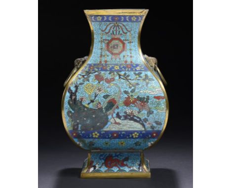 A CHINESE CLOISONNÉ ENAMEL ARCHAISTIC VASE, FANGHU, SECOND HALF 17TH C with finely chiselled lion mask and loose ring handles