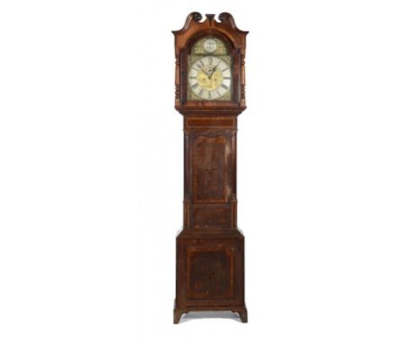 AN OAK AND INLAID EIGHT DAY LONGCASE CLOCK, 19TH C  with arched brass dial and dolphin spandrels, the line inlaid case with s