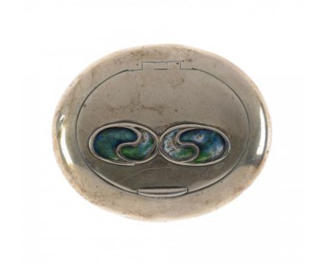 A LIBERTY & CO SILVER AND ENAMEL TOBACCO BOX with integral hinge, 8cm w, mark of Liberty & Co Ltd, Birmingham 1906, 2ozs ++En