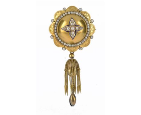 A VICTORIAN GOLD, ENAMEL AND SPLIT PEARL TARGET BROOCH, C1870 ++The loss of several of the pieces forming the fringe to the p