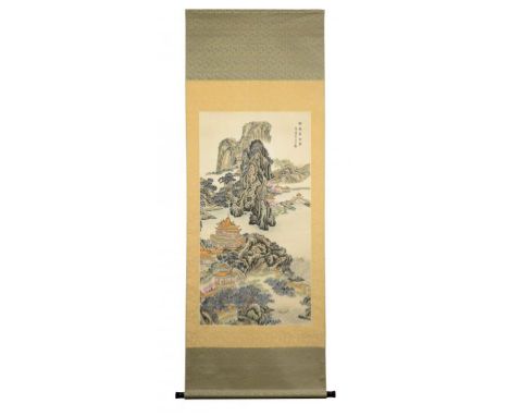 CHINESE SCHOOL LANDSCAPE WITH LOFTY PEAKS AND TEMPLES  watercolour on woven silk, with inscription and red seals, scroll pain