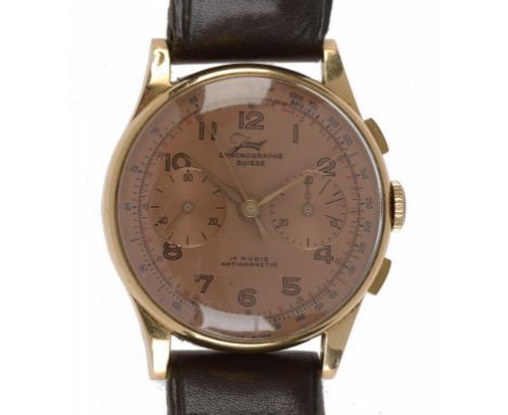 A SWISS 18CT GOLD GENTLEMAN'S WRISTWATCH JAVIL CHRONOGRAPHE SUISSE  the pink dial with subsidiary minutes and seconds dials, 