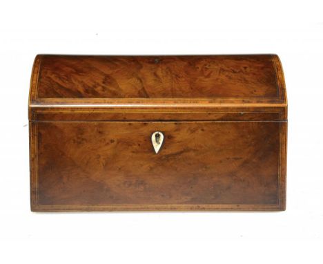 A GEORGE IV YEW WOOD TEA CADDY, C1830  line inlaid and crossbanded in rosewood, with coffered lid, the fitted interior retain