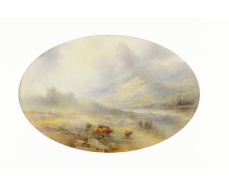 A PAIR OF ROYAL WORCESTER OVAL PLAQUES, 1919  painted by J Stinton,  both signed, with Loch Lomond or The Trossachs, 14.5 x 2