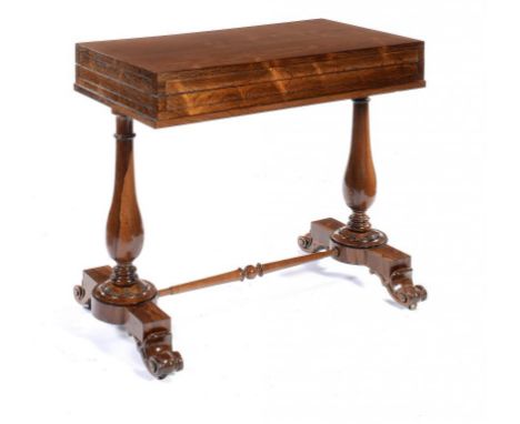 A VICTORIAN ROSEWOOD BAGATELLE TABLE  the baize lined fold-over top with nine numbered boxwood pockets, 82cm h; 51 x 92cm (cl