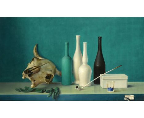 †PROFERIO GROSSI (1923-2000) STILL LIFE WITH SKULL BOTTLES AND CLAY PIPE  signed and dated 1960, oil on board, 58.5 x 98cm ++