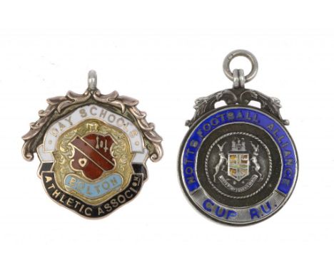 TOMMY LAWTON (1919-1996).  LAWTON'S SILVER AND ENAMEL WINNERS MEDAL OF BOLTON DAY SCHOOL ATHLETIC ASSOCIATION, 1933 obv. arms