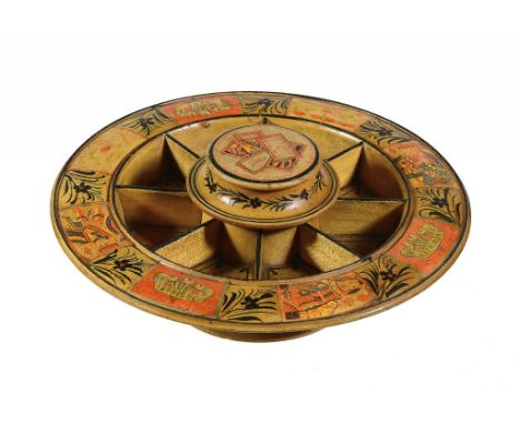 AN EARLY VICTORIAN PAINTED SYCAMORE POPE JOAN BOARD AND COVER, C1840  applied with hand coloured, printed playing cards and l