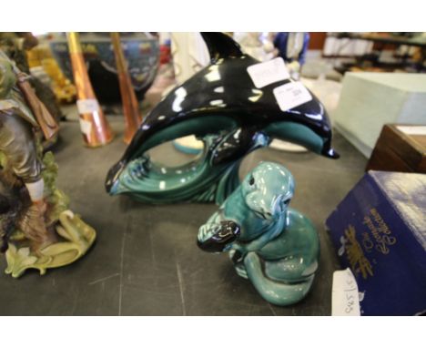 Poole pottery - large dolphin and otter with fish