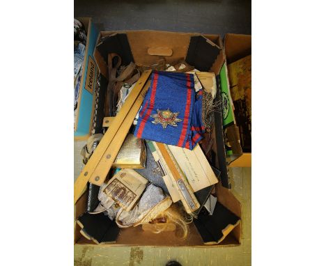 Box of Miscellaneous including Photographs/Masonic Sash etc