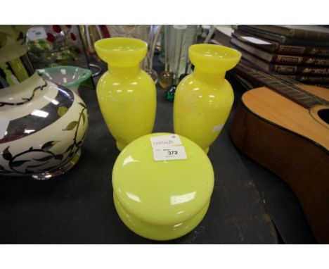 Pair of Vivid Yellow Glass Vases with Matching Lidded Trinket Box