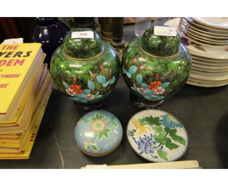Pair Cloisonne Enamel Ginger Jars, Box &amp; Plate