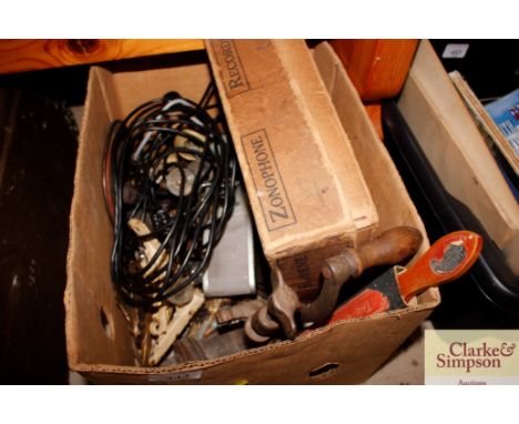 A vintage microphone, a mincer, a razor strop etc.