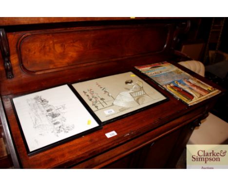 A 1930's embroidered picture of a lady reading; a limited edition John western print of Aldeburgh Church; a coloured floral p