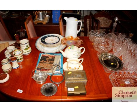 Various decorative china plates; Carnival glass comport; white glazed jug; Saddler teapot; two brass cigarette boxes; cigaret