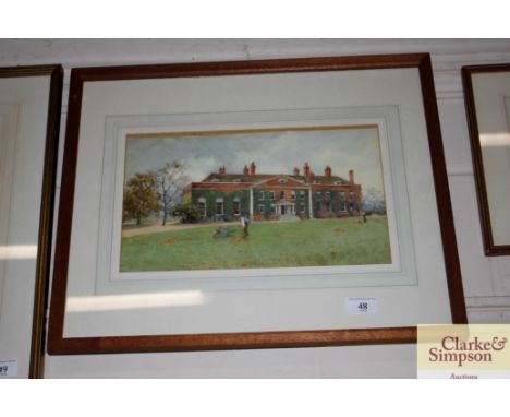 Watercolour study of a country house with figures gardening