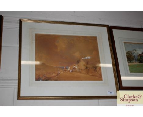 19th Century school, watercolour study of rural cottages with figures in a horse and cart