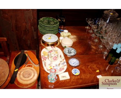 A brass cased barometer; various Oriental china; green glazed leaf plates etc.