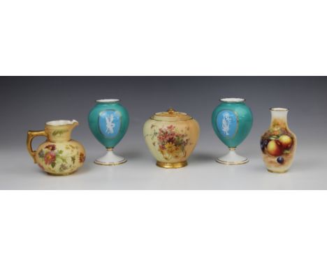 A Royal Worcester stem vase, 20th century, of baluster form, hand painted with apples and cherries by Harry Ayrton and signed