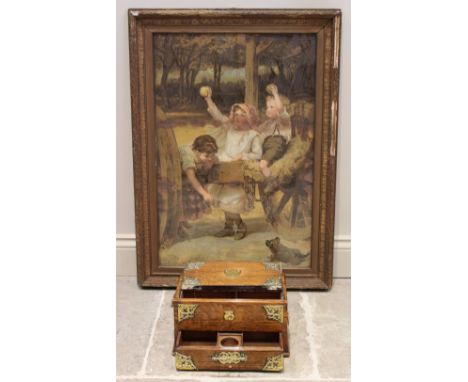 A Victorian oak stationery box, applied with a brass shield shaped cartouche, openwork spandrels and side swing handles, the 