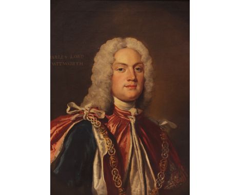English school, early 18th century,Portrait of Charles Lord Witworth,Head and shoulders wearing Garter robes inscribed top le