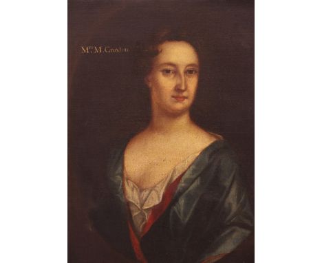 English school, late 17th century,Portrait of Mrs M Croxton half length wearing a blue dress,Oil on canvas,Inscribed top left