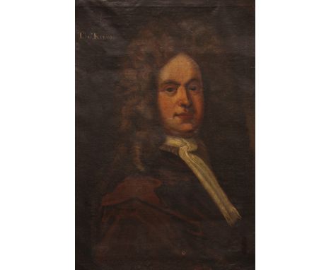 Follower of Michael Dahl (1659 -1743),Portrait of Thomas Kenyon of Peel Half length wearing a brown cloak and white cravat in