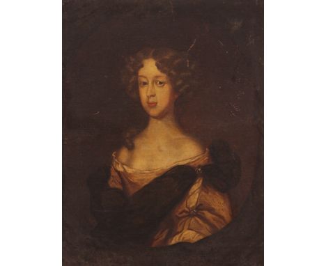 Follower of Sir Godfrey Kneller (1646-1723),Portrait of a young lady in a painted,Oval oil on canvas,76cm x 63cm,Unframed Not