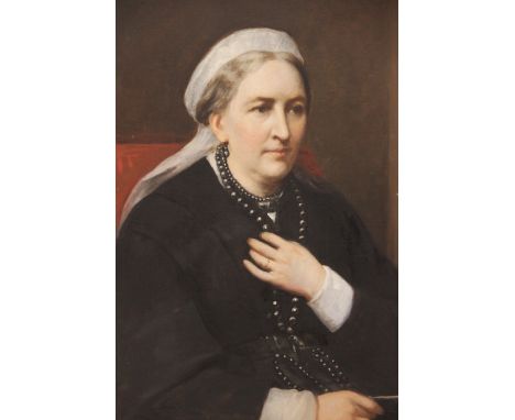 British school, late 19th century,Portrait of Sarah Tyrell, Lady Harlech,Half length seated wearing a black dress and holding