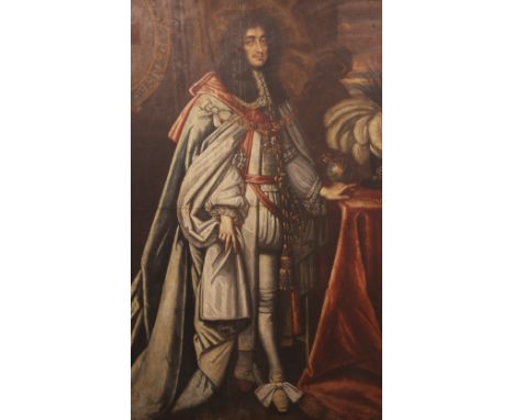 After Sir Peter Lely (1618-1680),Portrait of Charles II,Full length, wearing coronation robes with orb, sceptre and ostrich f