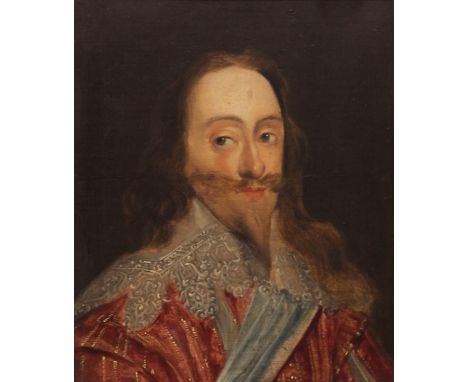 Manner of Daniel Mytens (1590-1647),Portrait of Charles I Head and shoulders wearing a lace collar and red coat inscribed ver