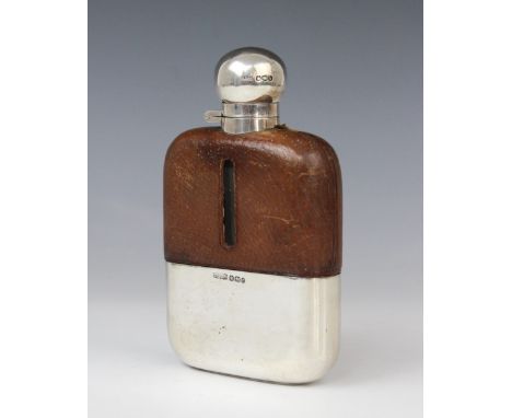 A George V silver mounted glass hip flask by James Dixon & Sons Ltd, Sheffield 1919, of rounded rectangular form with brown l