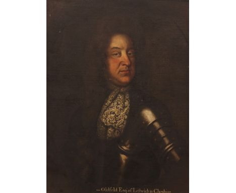 Follower of Godfrey Kneller (1646-1723),Portrait of Oldfield Esq of Leftwich in Cheshire Half length wearing armour inscribed