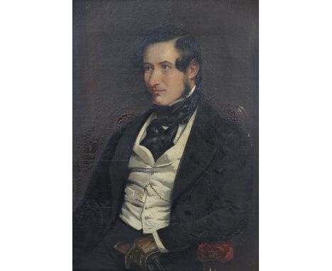 English school, 19th century,Half length portrait of a seated gentleman,Oil on canvas,Unsigned,34cm x 29cm,Gilt and gesso fra