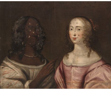 English school, circa 1650,Portrait of two ladies, both half length,Patch marks to their faces inscribed 'I black with white 