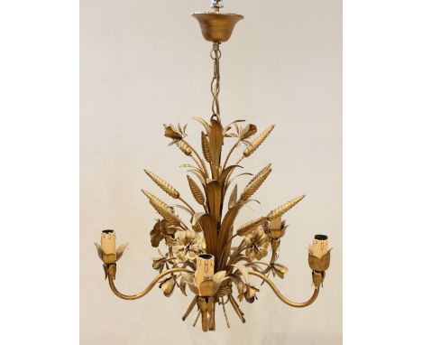 An Italian gilt metal floral, fauna and wheatsheaf five branch chandelier, mid 20th century, in the manner of Hans Kogl, mode