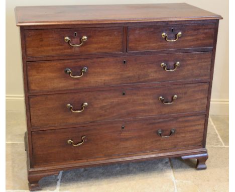 A George III mahogany chest of drawers, with an arrangement of two short and three long cock beaded and graduated drawers, ap