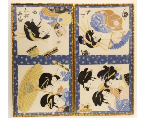 A Liberty of London silk scarf, 20th century, decorated with Japanese woodblock style prints of geishas, divided in half and 