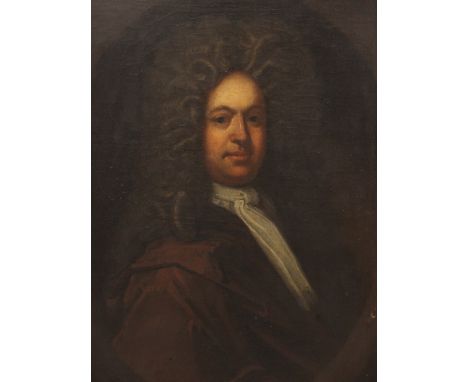 Circle of Godfrey Kneller (1646-1723),Portrait of Thomas Kenyon in a painted oval half length wearing a brown cloak and a whi