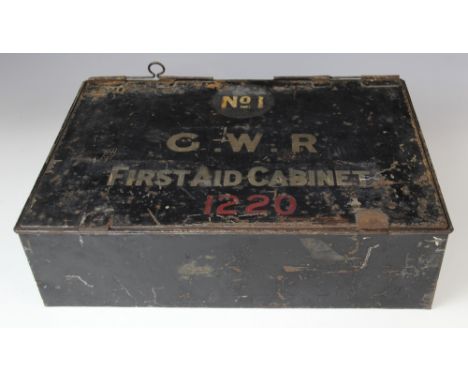 RAILWAY INTEREST: A Great Western Railway first aid kit, early 20th century, the black painted metal tin with 'No1 G.W.R. FIR